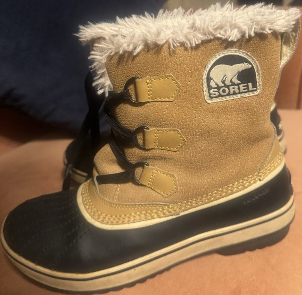 SOREL Tan/Black Leather Lace-Up Snow Boots Faux Fur Lined Waterproof Sole 8